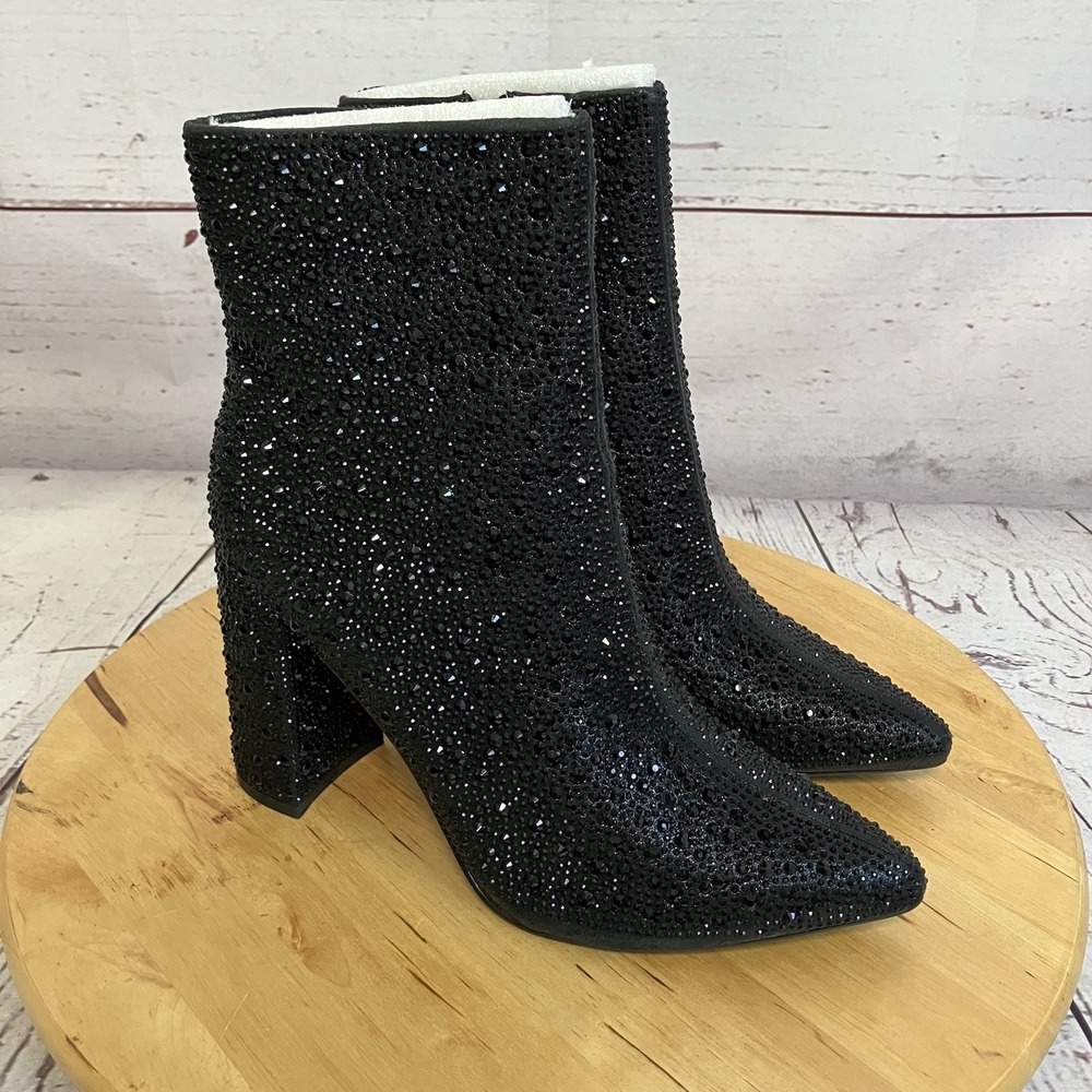 Lauren Lorraine Boots Womens Size 7.5 Rhinestone Black Ankle Block Heel